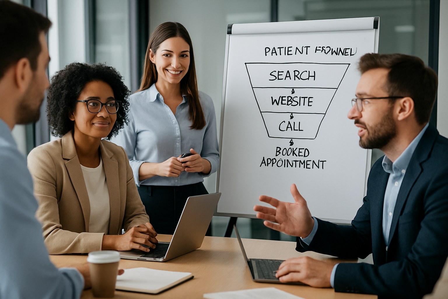 A marketing team planning a patient-acquisition strategy on a whiteboard