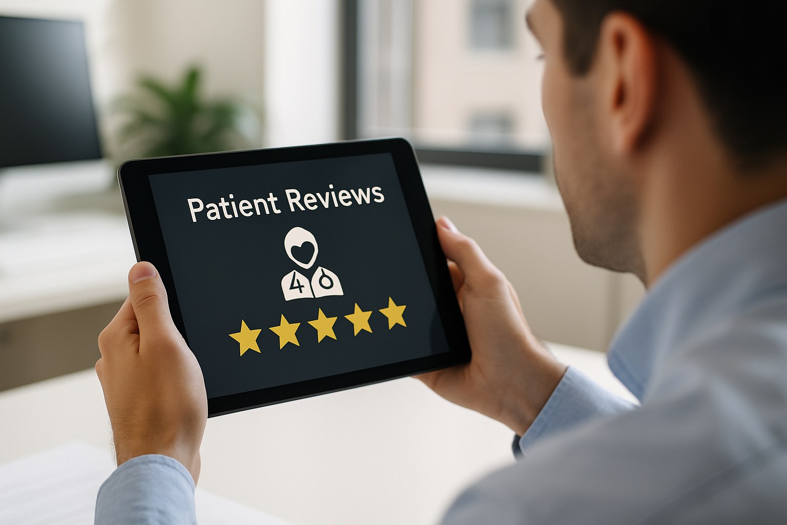 A practice manager reviewing patient review ratings on a tablet